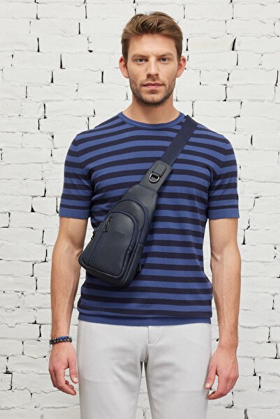 ALTINYILDIZ CLASSICS Πλεκτό μπλουζάκι ανδρικό Navy-Indigo Standard Fit Regular Cut Crew Neck βαμβακερό ριγέ πλεκτό μπλουζάκι