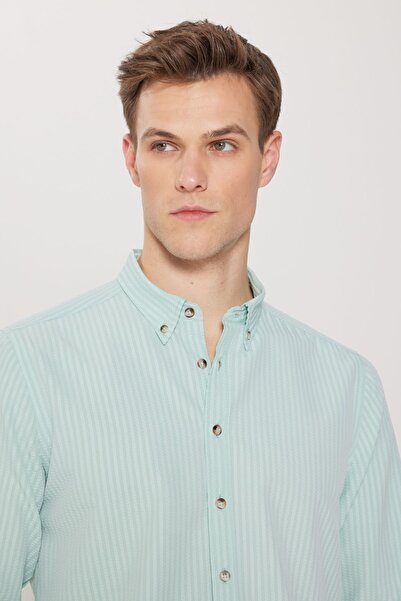 AC&Co / Altınyıldız Classics Ανδρικό μοτίβο μέντας Oxford Seersucker - Πουκάμισο με γιακά ελαστικό, λεπτή εφαρμογή, με κουμπιά