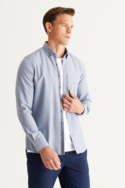 ALTINYILDIZ CLASSICS Чоловіча сорочка Indigo Slim Fit, вузький крій, комір на ґудзиках, бавовняна тканина з армурою