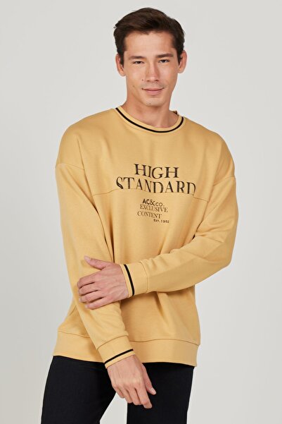 AC&Co / Altınyıldız Classics Men's Mustard Oversize Loose Cut 3 Thread Crew Neck Cotton Sweatshirt with Fleece Inside