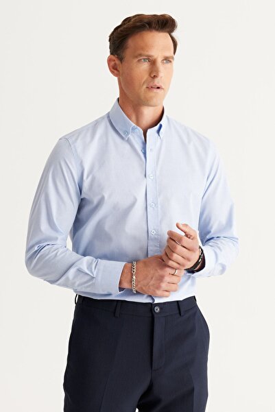 ALTINYILDIZ CLASSICS Erkek Açık Mavi Slim Fit Dar Kesim Düğmeli Yaka Desenli Gömlek