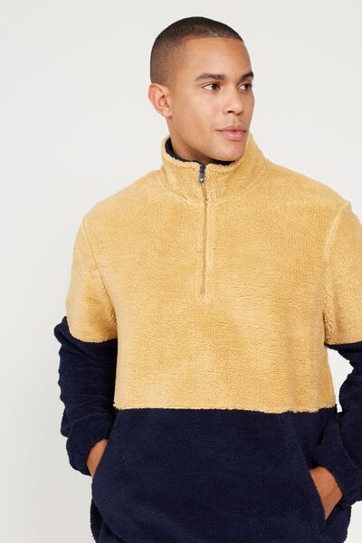 AC&Co / Altınyıldız Classics Erkek Hardal-lacivert Standart Fit Dik Bato Yaka Kanguru Cepli Çift Renkli Sherpa Polar Sweatshirt
