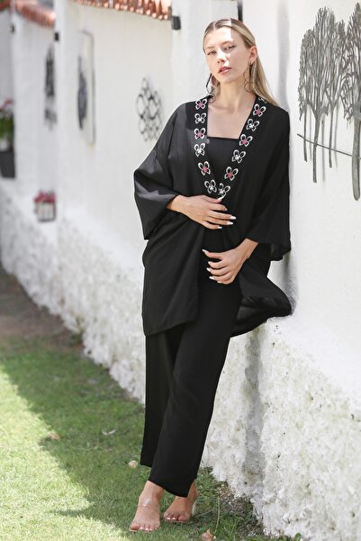 Chiccy Kimono Collar Black-Pink 3/4 Sleeve Embroidered Woven - Elastic Waist Wide Leg Set