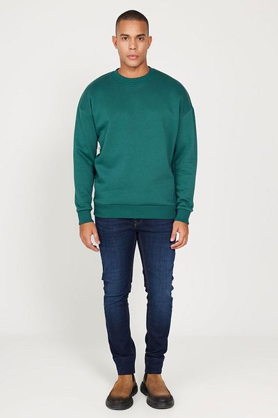 AC&Co / Altınyıldız Classics Pánská tmavě zelená oversize bavlněná mikina – fleece, kulatý výstřih, 3 vlákna