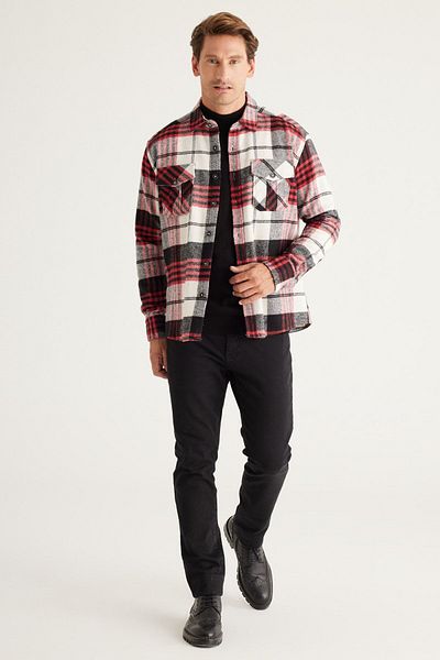 ALTINYILDIZ CLASSICS Men's Red-black Oversize Loose Cut Classic Collar Plaid Patterned Flannel Lumberjack Shirt