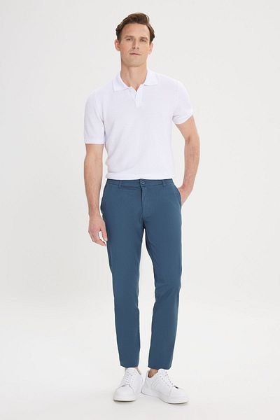 AC&Co / Altınyıldız Classics Ανδρικό παντελόνι Chino από βαμβακερό ελαστικό πετρόλ χρώματος Slim Fit με τσέπες στο πλάι