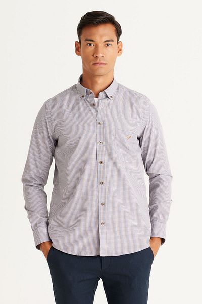 AC&Co / Altınyıldız Classics Pánská námořnická modř-hořčice Slim Fit Slim Fit límeček na knoflíky, kapsa Bavlněná košile s pruhy