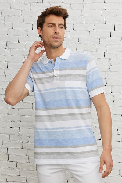 ALTINYILDIZ CLASSICS Weißes, hellblaues Comfort-Fit-T-Shirt mit entspanntem Schnitt und Polokragen aus 100 % Baumwolle mit Taschenmuster für Herren