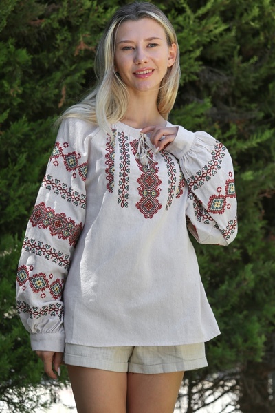 Chiccy Ecru Embroidered Boat Neck - Balloon Sleeve Woven Blouse