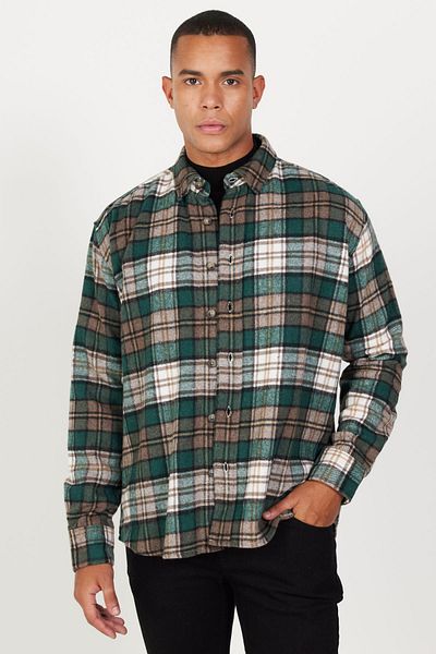 AC&Co / Altınyıldız Classics Ανδρικό χακί καφέ oversize χειμωνιάτικο μπουφάν με γιακά με καρό μοτίβο ξυλοκόπο