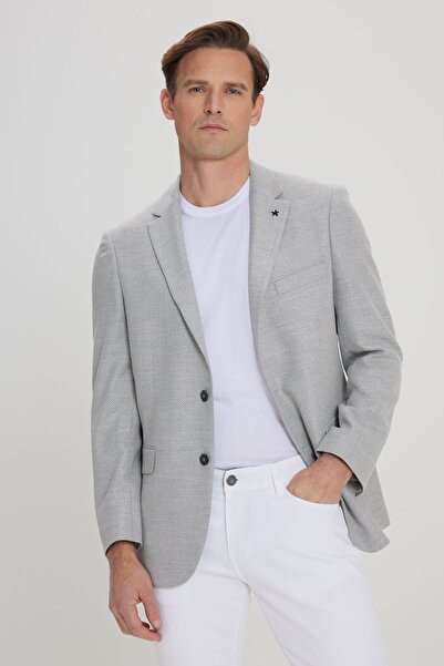 ALTINYILDIZ CLASSICS Men's Gray Regular Fit Relaxed Cut Mono Collar Diagonal Patterned Blazer Jacket