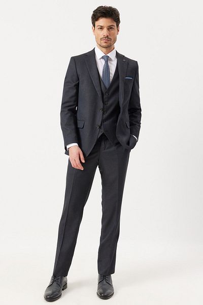 ALTINYILDIZ CLASSICS Men's Dark Navy Wool Slim Fit Slim Fit Mono Neck Bird Eye Print Vest Suit