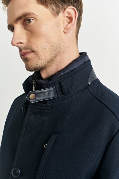 ALTINYILDIZ CLASSICS Men's Navy Blue Standard Fit Normal Cut Woolen Winter Coat with Leather Vest