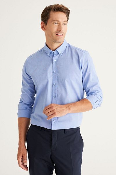 ALTINYILDIZ CLASSICS Men's Blue Slim Fit Narrow Cut Button Collar Patterned Shirt