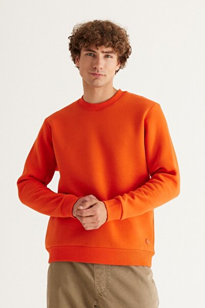 AC&Co / Altınyıldız Classics Men's Orange 3 Thread Crew Neck Fleece Cotton Sweatshirt - Standard Fit