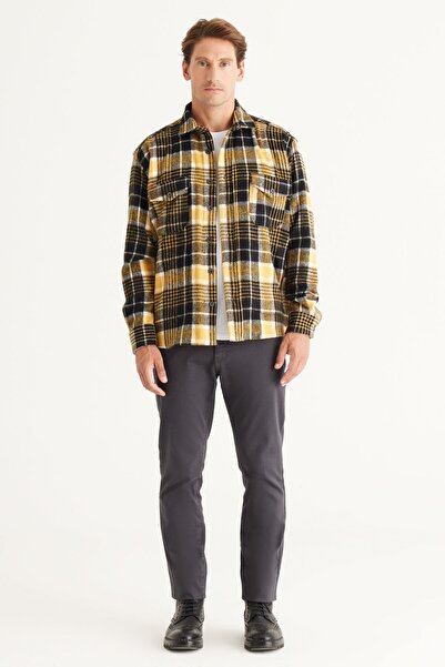 AC&Co / Altınyıldız Classics Férfi sárga-fekete túlméretes laza vágású gombos galléros kockás téli ingkabát