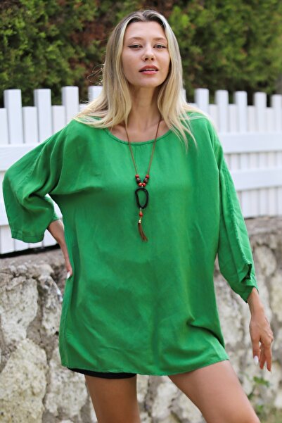 Chiccy Зелена 3/4 рукава ткана бавовняна блуза - комір-стійка