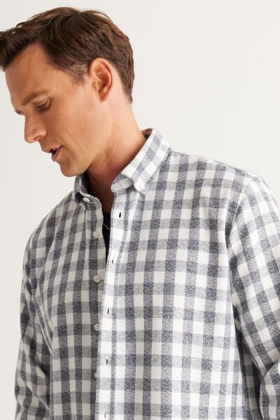 ALTINYILDIZ CLASSICS Pánská Ecru-Navy Blue Comfort Fit Volně střižený límeček s knoflíky Flanelová dřevorubecká košile