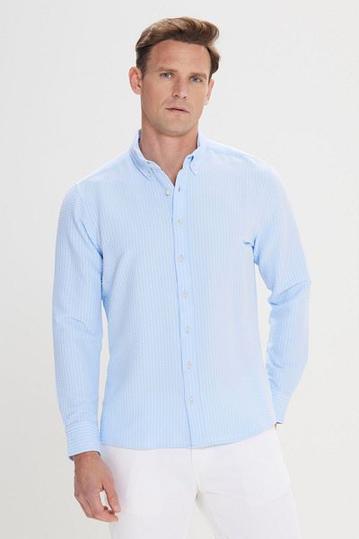 ALTINYILDIZ CLASSICS Cămașă pentru bărbați, albastră, slim fit, cu aspect de in, cu model Seersucker, cu guler cu nasturi