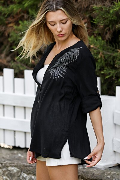 Chiccy Black Sequined Long Sleeve - Britli Collar Buttoned Casual Shirt