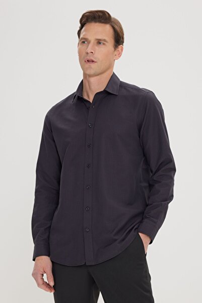 ALTINYILDIZ CLASSICS Men's Black Slim Fit Slim Fit Buttoned Collar Linen Look 100% Cotton Flared Shirt