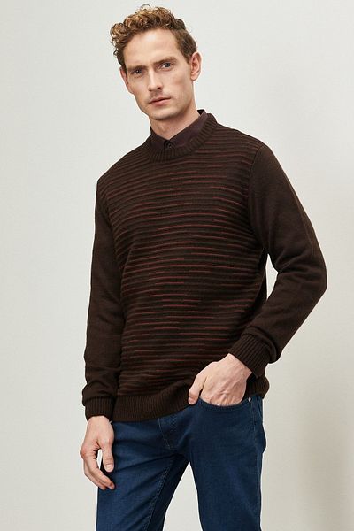 ALTINYILDIZ CLASSICS Πλεκτό πουλόβερ ανδρικό καφέ-μπορντό Standard Fit Regular Cut Crew Neck με ανάγλυφο σχέδιο