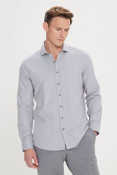 ALTINYILDIZ CLASSICS Pánská šedá bavlněná košile Dobby Slim Fit - klasický límec
