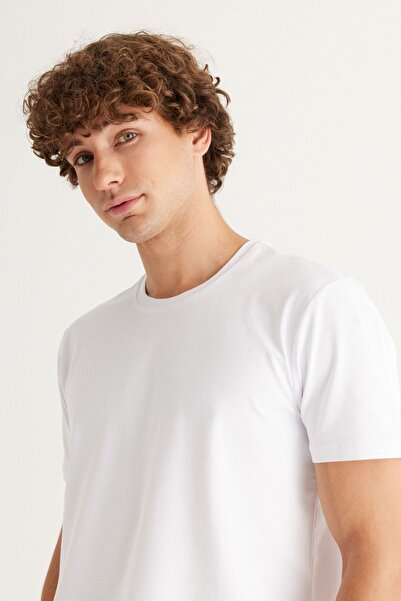 ALTINYILDIZ CLASSICS Ανδρικό μπλουζάκι 360 μοιρών λευκό Stretch σε όλες τις κατευθύνσεις Slim Fit στενό κομμένο T-shirt με λαιμόκοψη