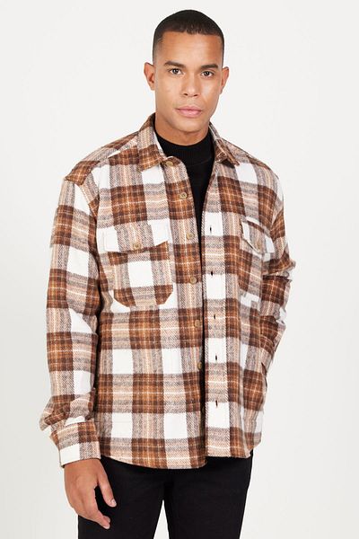 AC&Co / Altınyıldız Classics Ανδρικό εκρού καφέ Oversize Χειμερινό μπουφάν πουκάμισο ξυλοκόπο με καρό σχέδιο με γιακά με χαλαρό κουμπί