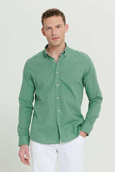 AC&Co / Altınyıldız Classics Ανδρικό πουκάμισο με λαιμόκοψη από 100% βαμβακερό ύφασμα που αναπνέει με λεπτή εφαρμογή