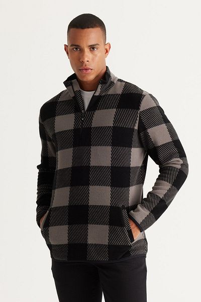 AC&Co / Altınyıldız Classics Grau-schwarzes Standard-Fit-Fleece-Sweatshirt mit normalem Schnitt und Bato-Kragen für Herren