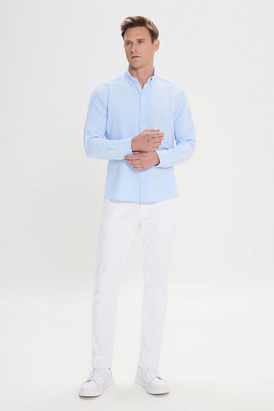 ALTINYILDIZ CLASSICS Cămașă pentru bărbați, albastră, slim fit, cu aspect de in, cu model Seersucker, cu guler cu nasturi