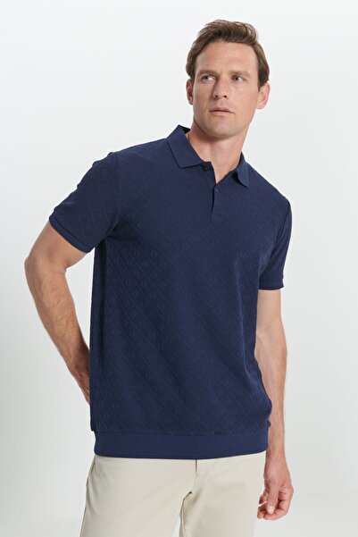 AC&Co / Altınyıldız Classics Men's Indigo Standard Fit Regular Cut Cotton Diamond Patterned Polo Collar T-Shirt