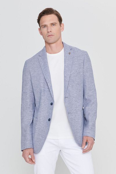 AC&Co / Altınyıldız Classics Herren Blazer, Slim Fit, Marineblau, Leinen, gemustert, Monokragen, Tasche, Tasche