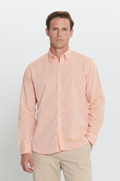 ALTINYILDIZ CLASSICS Помаранчева лляна чоловіча сорочка Сорочка на ґудзиках з розслабленим коміром