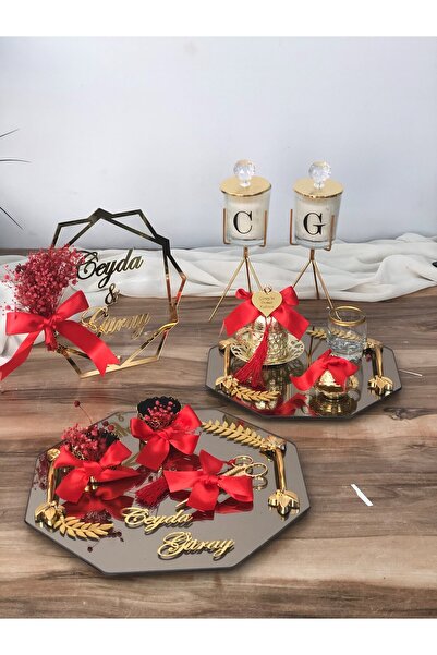 Masalsı Concept Söz Tepsisi Nişan Yüzük Tepsisi Damat Kahvesi2 adet mum pleks...