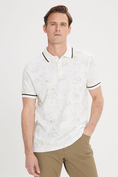 ALTINYILDIZ CLASSICS Herren-T-Shirt in Weiß-Khaki mit schmaler Passform, 100 % Baumwolle, mit Blumenmuster und Polokragen