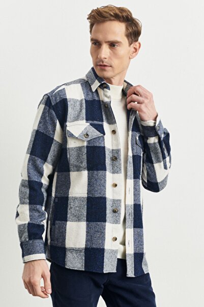 ALTINYILDIZ CLASSICS Men's Blue-ecru Oversize Loose Fit Hidden Button Collar Checked Lumberjack Winter Shirt Jacket