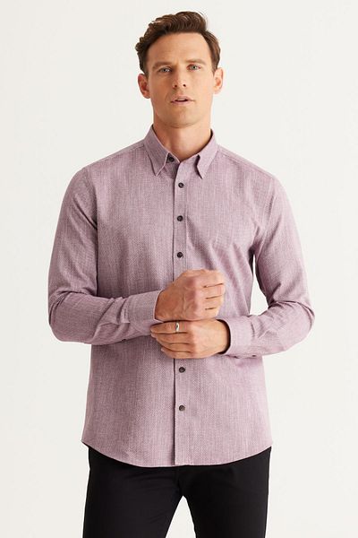 ALTINYILDIZ CLASSICS Men's Claret Red Slim Fit Narrow Cut Hidden Button Collar Cotton Dobby Shirt