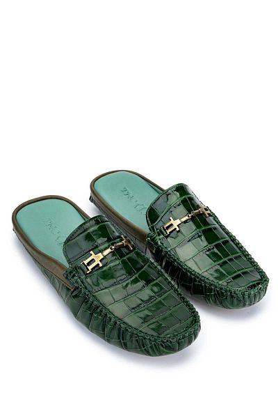 Tamer Tanca Men's Green Crocodile Genuine Leather Slippers