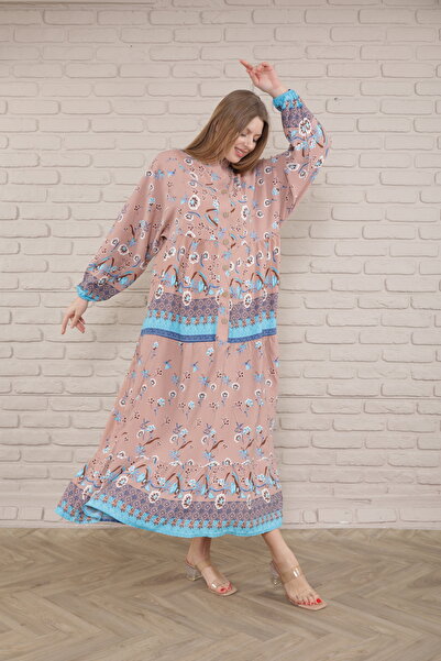 mervemoda Γυναικείο φόρεμα Plus Size - Μπροστά με κουμπιά και υφαντό