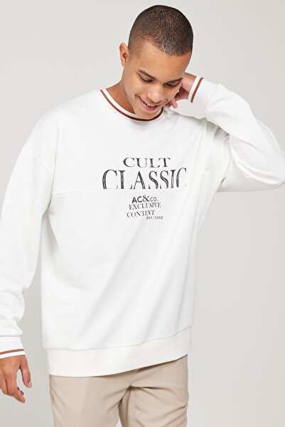 AC&Co / Altınyıldız Classics Ανδρικό εκρού φούτερ με φλις, φλις, φούτερ με 3 κλωστές, βαμβακερή λαιμόκοψη