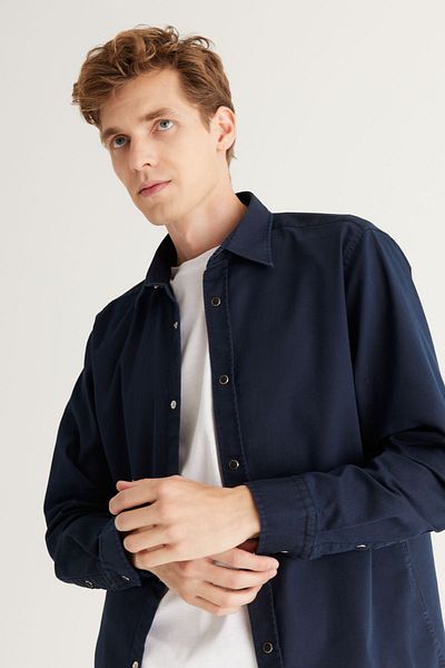 ALTINYILDIZ CLASSICS Ανδρικό πουκάμισο μπλέ Navy Comfort Fit Relaxed Cop Βαμβακερό διαγώνιο με σχέδιο
