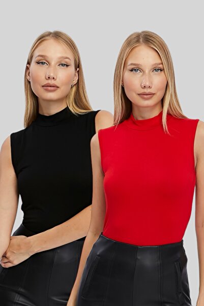 LAENT Μαύρο και κόκκινο σετ 2 τεμαχίων αμάνικο γυναικείο κορμάκι