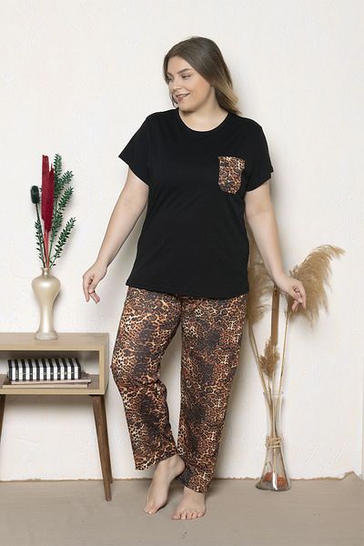 MyBen Plus Size Black Colored Leopard Patterned Short Sleeve Oversize Pajamas Set B-26
