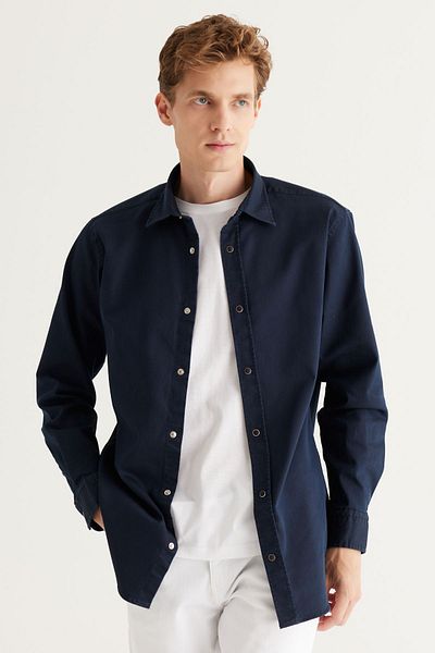 ALTINYILDIZ CLASSICS Ανδρικό πουκάμισο μπλέ Navy Comfort Fit Relaxed Cop Βαμβακερό διαγώνιο με σχέδιο