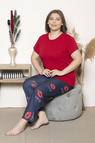 MyBen Plus Size Red Colored Kisses Printed Short Sleeve Oversize Pajamas Set B-8