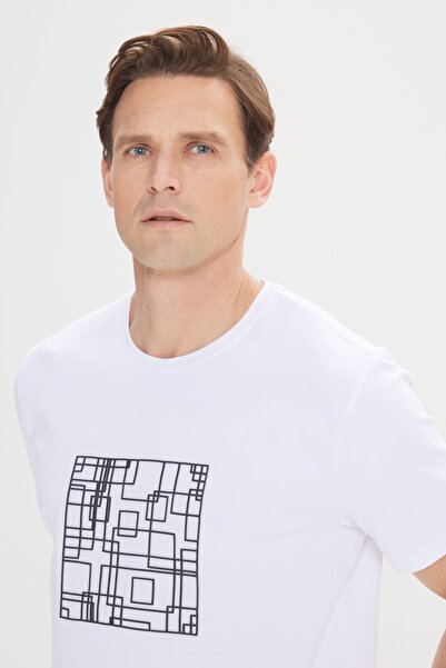 ALTINYILDIZ CLASSICS Λευκό ανδρικό μπλουζάκι με ελαστική βαμβακερή λαιμόκοψη με λεπτή εφαρμογή