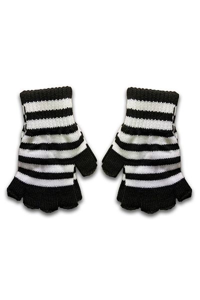 Köstebek Black and White Striped Cut Finger Unisex Gloves