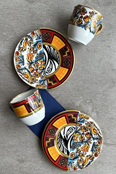 porselenden Two Patterned, Double Pattern Canga Series Coffee Cup Set for 2 Persons Presentation Service Set